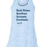 Boat Rides, Bonfires, Sunsets, Docktails Racerback Tank