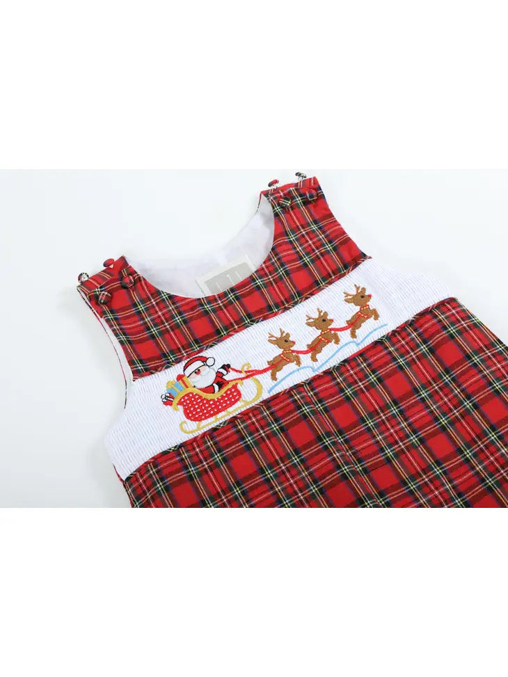 Red Plaid Santa Sleigh Smocked Dress & Shortalls